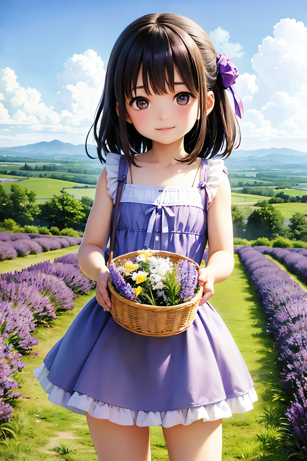 Little girl in the lavender field，Holding a basket of flowers，The basket is filled with bunches of purple lavender。The blue sky is high，Houses dot the landscape in the distance。
