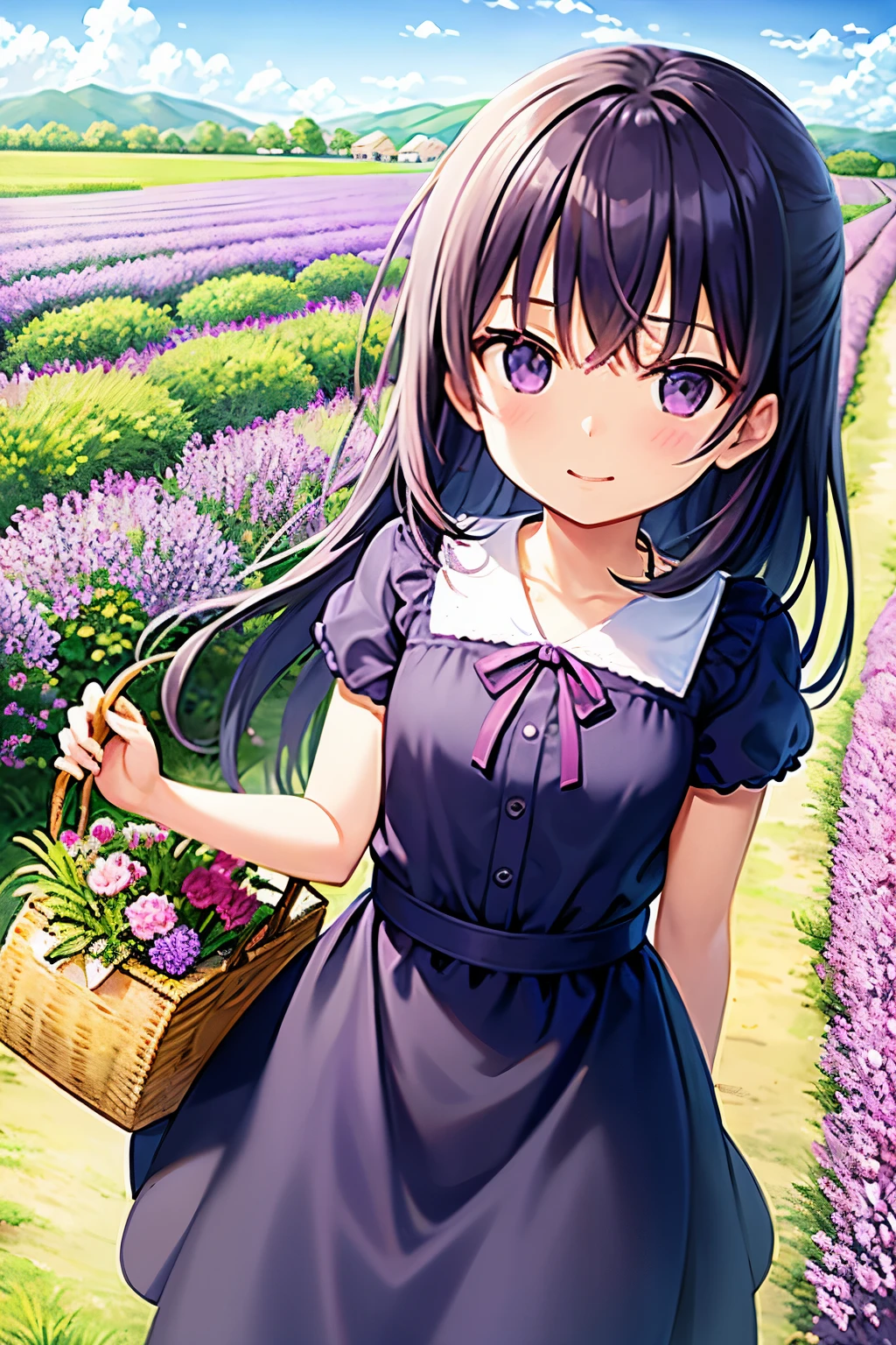  in the lavender field，Holding a basket of flowers，The basket is filled with bunches of purple lavender。The blue sky is high，Houses dot the landscape in the distance。