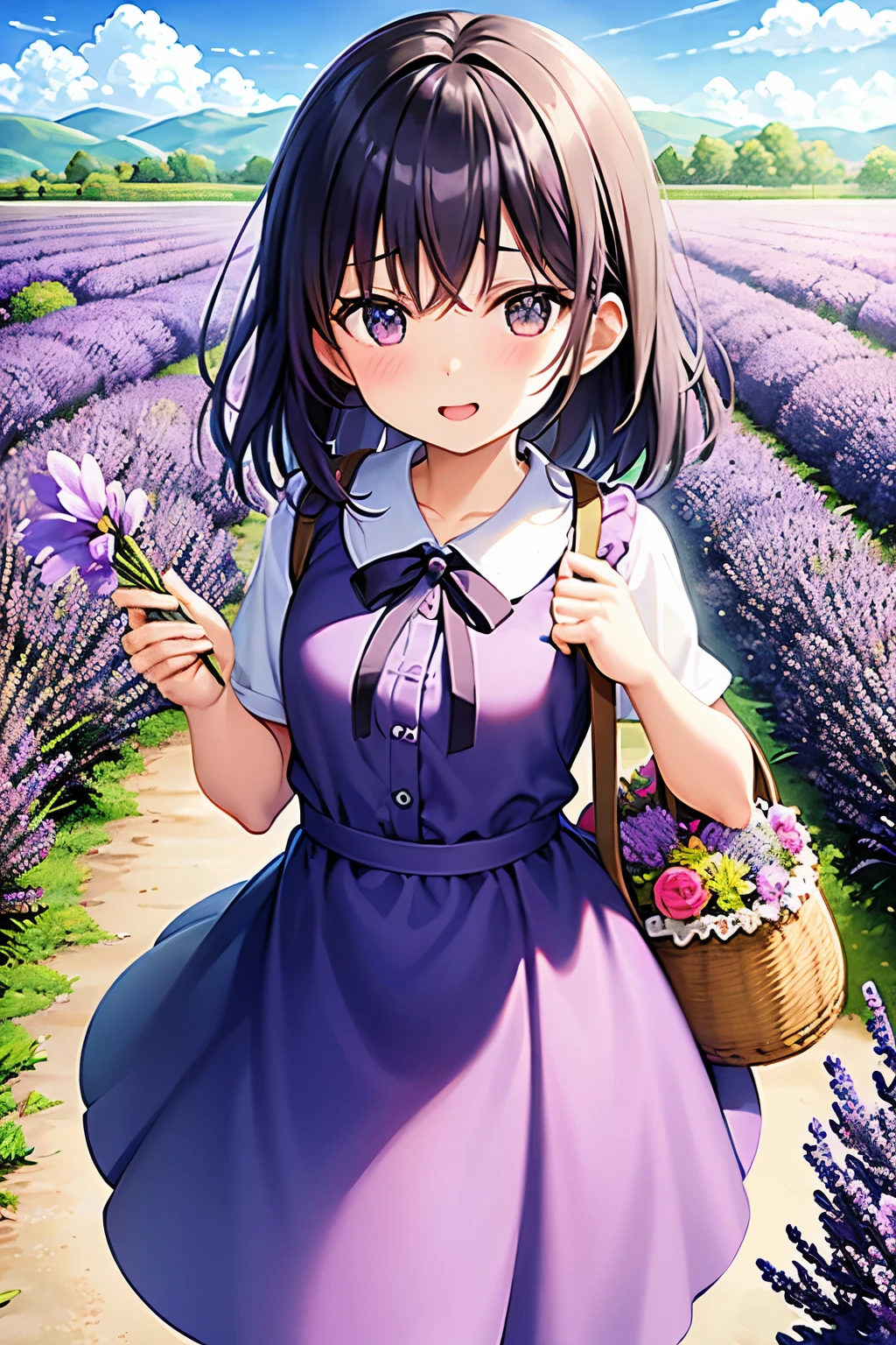 Little girl in the lavender field，Holding a basket of flowers，The basket is filled with bunches of purple lavender。The blue sky is high，Houses dot the landscape in the distance。