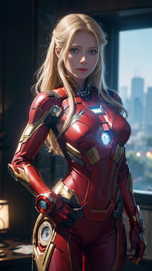1girl, tiro de corpo inteiro, Gwyneth Paltrow como Ironman (Da Marvel Studios), terno vermelho Ironman, sorrir, Olhe para o Visualizador, (master part, best quality, textura de pano detalhada, Rosto bonito e detalhado, detalhes intrincados, ultra detalhado),  blonde hair, Pose de Pouso, (random more angular quality, A high resolution, fotorrealista, primitivo, buildings destroyed, Resumo Antecedentes, (8k,master part, ),best quality, Masterpiec8k.HDR. Costelas altas:1.2, filmgrain, Desfoque Bokeh:1.2, Reflexo da lente, (Cores vivas:1.2), (delicado),
