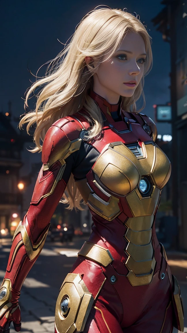 1girl, tiro de corpo inteiro, Gwyneth Paltrow como Ironman (Da Marvel Studios), terno vermelho Ironman, sorrir, Olhe para o Visualizador, (master part, best quality, textura de pano detalhada, Rosto bonito e detalhado, detalhes intrincados, ultra detalhado),  blonde hair, Pose de Pouso, (random more angular quality, A high resolution, fotorrealista, primitivo, buildings destroyed, Resumo Antecedentes, (8k,master part, ),best quality, Masterpiec8k.HDR. Costelas altas:1.2, filmgrain, Desfoque Bokeh:1.2, Reflexo da lente, (Cores vivas:1.2), (delicado),