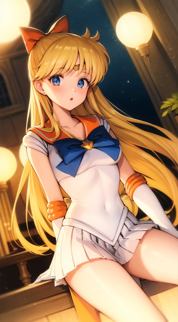 Meisterwerk, best quality, hight resolution, Venus1, 1girls, nur, Matrosen-Senshi-Uniform, Sailor Venus, Aino Minako, blondes Haar, magical girl, blaue Augen, Orangefarbener Rock, Ellbogen-Handschuhe, Tiara, Faltenrock, Haarschleife, orangefarbener Matrosenkragen, Minirock, Halskette, Rote Schleife, orange Halskette, white gloves, sehr langes Haar, Schmuck, Ohrringe, sitzend, gekreuzte Beine,