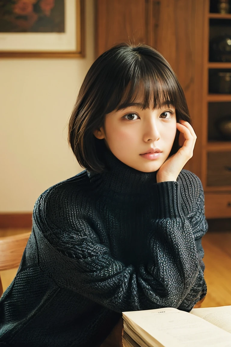 Beautiful girl wearing a patterned turtleneck sweater、years、Calm face、inside in room、Black hair straight long、