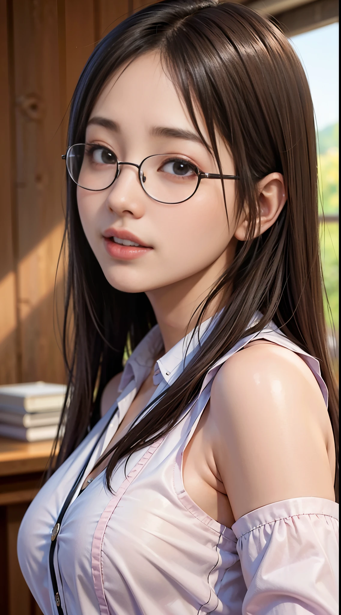 Best Quality, Face Focus, Soft light, 超A high resolution, (Photorealistic:1.4), Raw photo,Highlight the valley
Japan girls, Cute, (pupils on, Light in the eyes)， Detailed beautiful face, (large boob),(High-resolution details of human skin texture),Frolic，Cute smile，eye glasses、 
(A dark-haired）、indecency、indecencyなダイナミックポーズ、shinny skin、The restrained face is cute、You can see the valley、licking a candy、Drooling over your boobs
Damask Shirt Dress,
(Portrait)