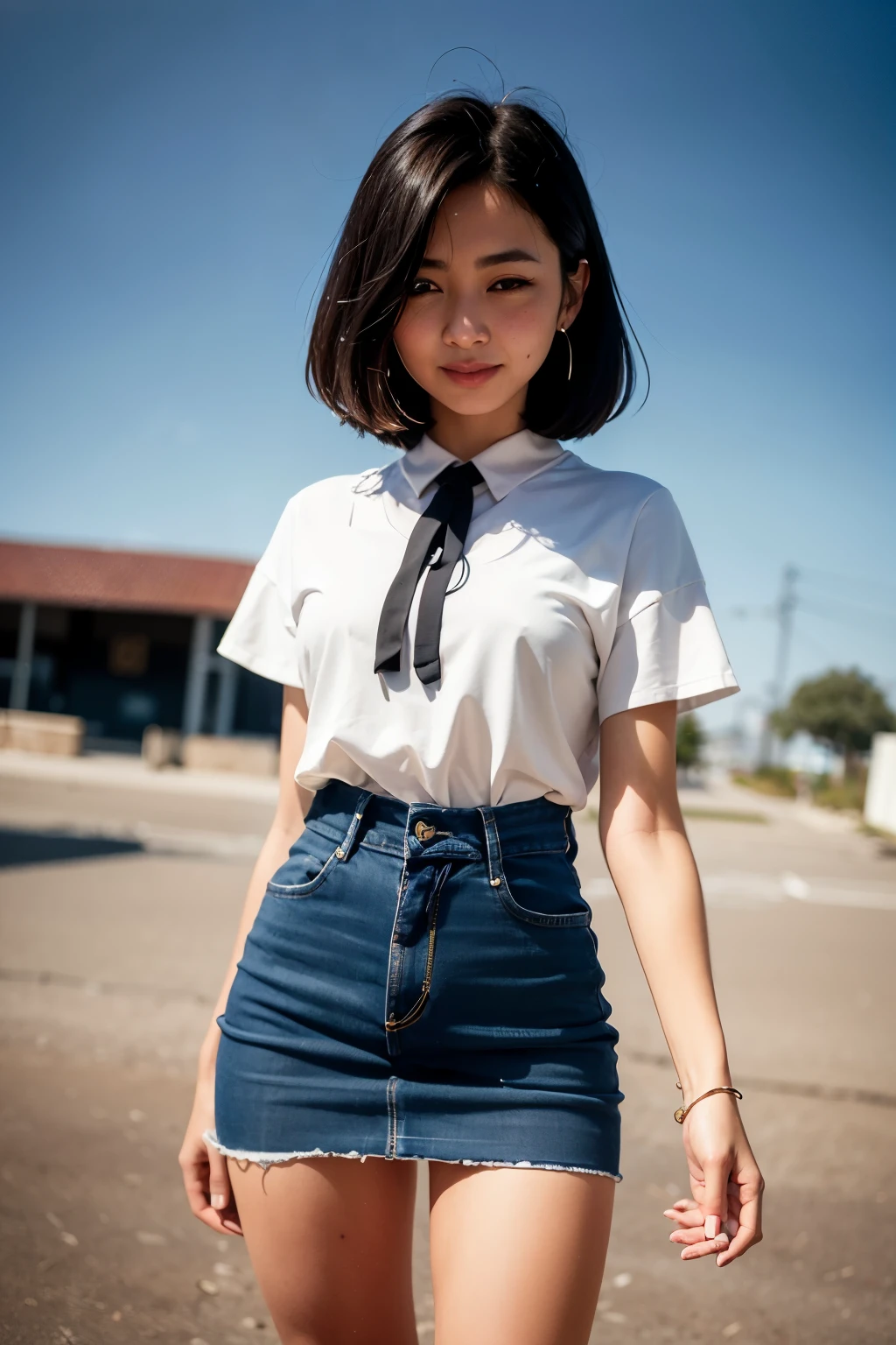 Arafed asian woman in a white shirt and blue skirt - SeaArt AI