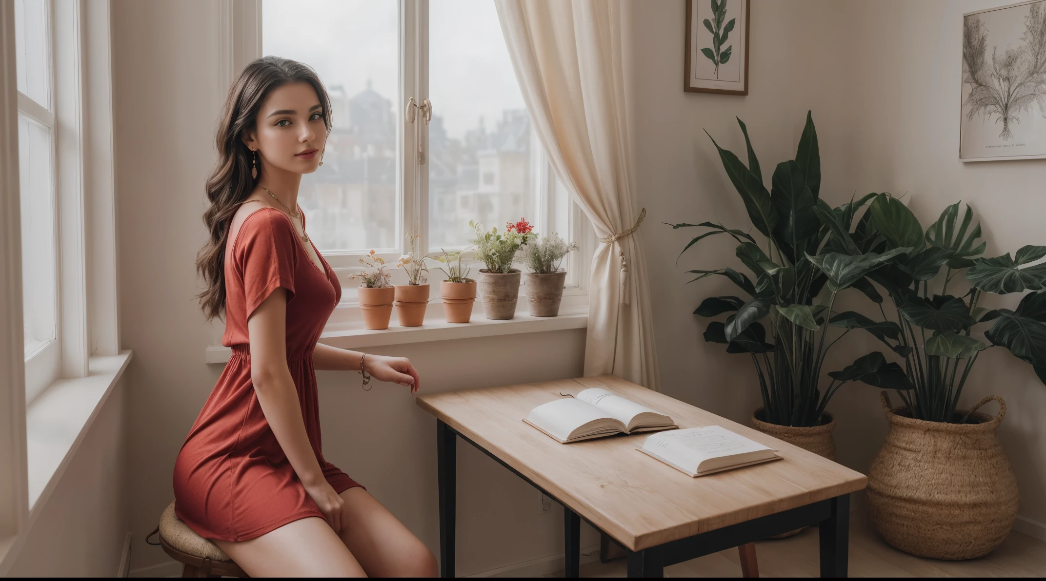 8k, masterpiece, RAW photo, best quality, photorealistic, extremely detailed CG unity 8k wallpaper, Depth of field, Cinematic Light, Lens Flare, Ray tracing, (extremely beautiful face, beautiful lips, beautiful eyes), intricate detail face, ((ultra detailed skin)) 1girl, ars old, studying in her aesthetic room, deep shadow, [Raiana-Elizabeth-Dilla], pretty girl, (very slim slender fit-muscled body:1.3), ((looking at viewer)),(big smile:1), (sexy ((ultra-short ((red:1.3)) bohemian-style mini-shirt-dress, traditional fashion),(without people in the background:1.3), girl studying in her aesthetic room, cozy atmosphere, natural lighting, vintage furniture, inspiring quotes on the walls, plants and flowers on the windowsill, warm color palette, soft and comfortable seating area, beautiful artwork on the walls, dainty desk accessories, organized bookshelves, a cup of coffee on the table, dreamy curtains, fairy lights, motivational books and stationery, a cozy blanket, a laptop and notebooks on the desk, a peaceful and calm ambiance, serene music playing in the background. beautiful earrings, bracelets, necklace, clear eyes, (pale skin), (big eyeace forward, ((full body cinematic shot)), (black hairs), (looking at viewer:1.3) open breast, very slim, large breasts, touching the breast, highly detailed, ultra realistic,