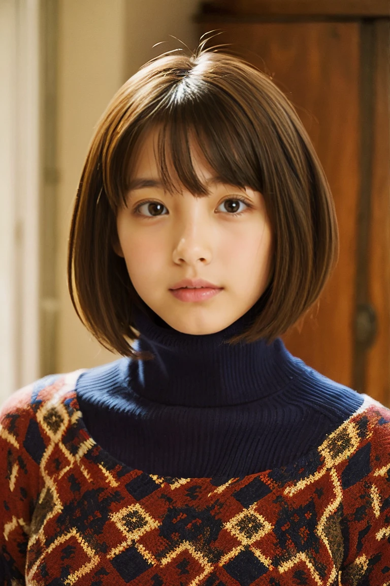Beautiful girl wearing a patterned turtleneck sweater、14years、Calm face、inside in room、Short Bob Hair、