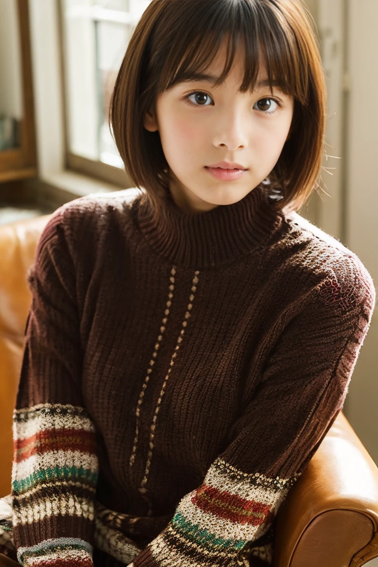 Beautiful girl wearing a patterned turtleneck sweater、14years、Calm face、inside in room、Short Bob Hair、