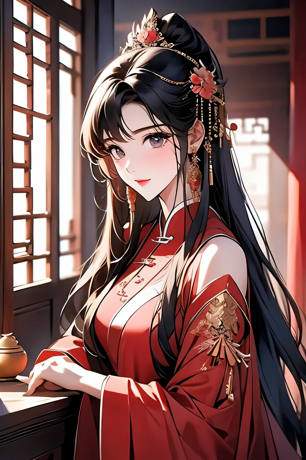 1 girl, 独奏,Chinese clothes,Hanfu,(sweet lippubodyesbian,tmasterpiece, Best quality at best, 8K, 电影灯光, 超高分辨率,, hair adornments,, black hair color hair, hairflower, Chinese art, Hanfu, partial, asian architecture interior,, 身体的上半partial,Hanfu、jewely、longer sleeves、ear nipple ring,