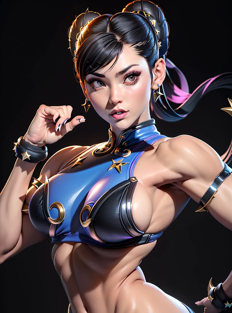 ((Best quality)), ((Masterpiece)), ((Realistic)) and ultra-detailed photography of a girl with goth colors. Chun- li， ((Chun- li)), dressed in (small black micro-thong, black micro-bikini:Star motif ) , ((Beautiful and aesthetic)), muscular fit body abs, Sexy, under-boobs, Hot, (Cream gradient background)