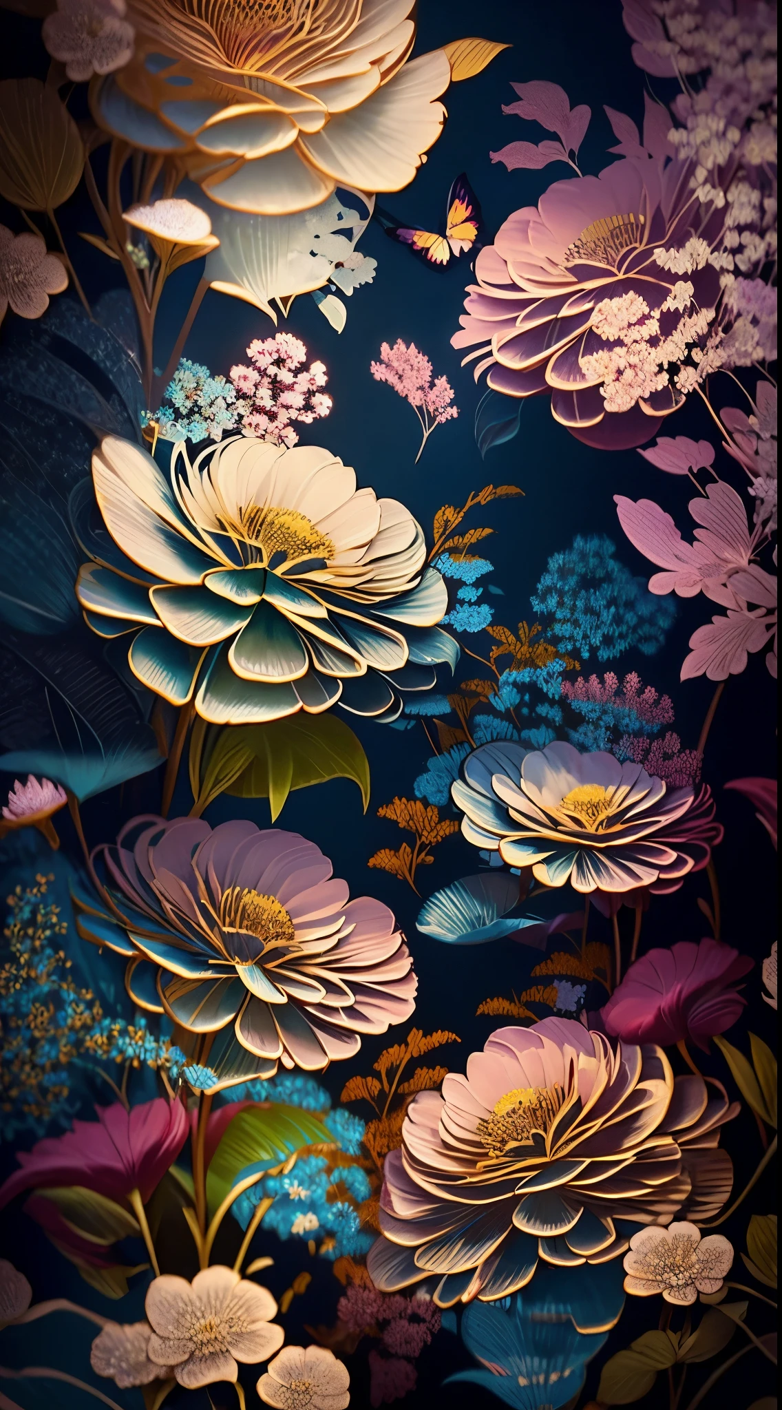Digital art detailed for the best masterpieces, Highest Quality, Detailed Painting in 4K, background artwork, highly-detailed digital painting, Appeared in 4K, Best Quality, hight resolution, 1080p, hard disk, 4K, 8K、カラフルなflowers backgroundの接写, japanese related with flowers, traditional japanese colors, Floral wallpaper, japanese painting, Oriental wallpapers, with colourful intricate, Middle Metaverse, japanese art style, flowers background, colorful image, beautiful wallpaper, Flowers and flowers, japanese flower arrangements, intricately detailed background、There are many paburulems with flowers in them.