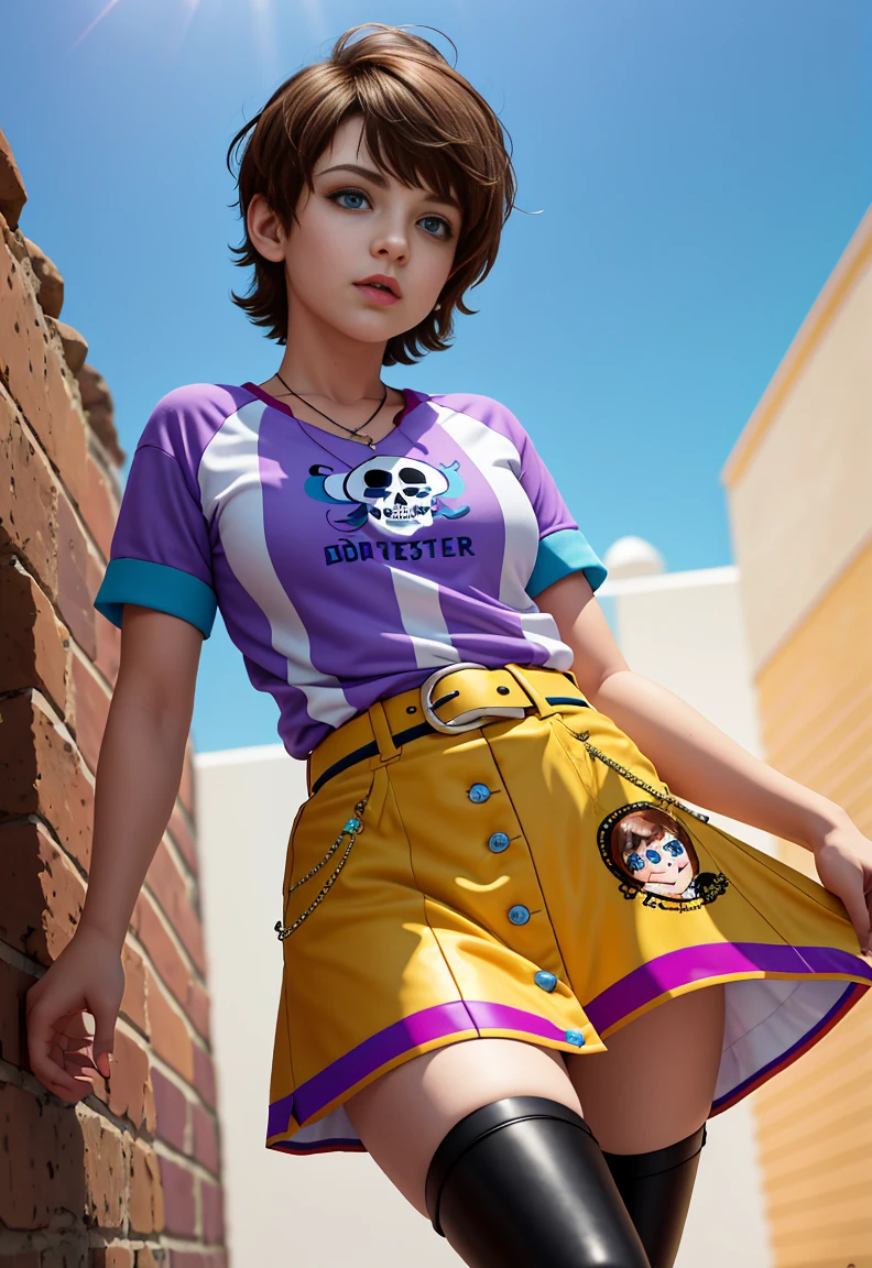 highres, shadows, absurdres, best_quality, ultra_detailed, 8K, extremely_clear, Cinematographer, hermoso, foco nítido, HDR,
A cute pop singer with short light brown hair , pixie cut and symmetrical blue eyes with freckles on cheeks and nose, sostiene una guitarra electrica y canta , wears purple t-shirt with skull image , white belt, with a lilac skirt long boots with heels , with a dynamic angle, capturada en una toma de vaquero altamente detallada, exudando una feliz, con tonos relajantes y una mezcla contrastante de luz y sombra, todo mientras enfatiza el cabello, los ojos, the mouth and action of the subject in a composition that is pleasing to the eye and stimulating