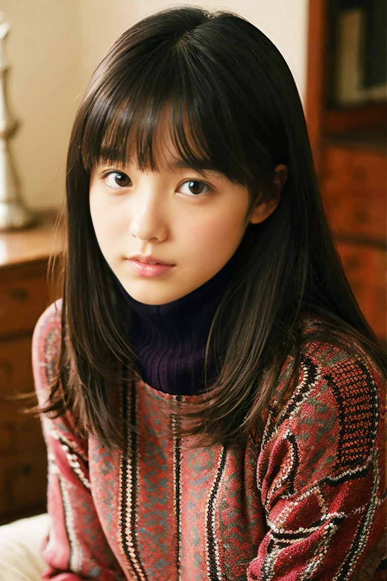 Beautiful girl wearing a patterned turtleneck sweater、14years、Calm face、inside in room、Black hair semi-long hair、