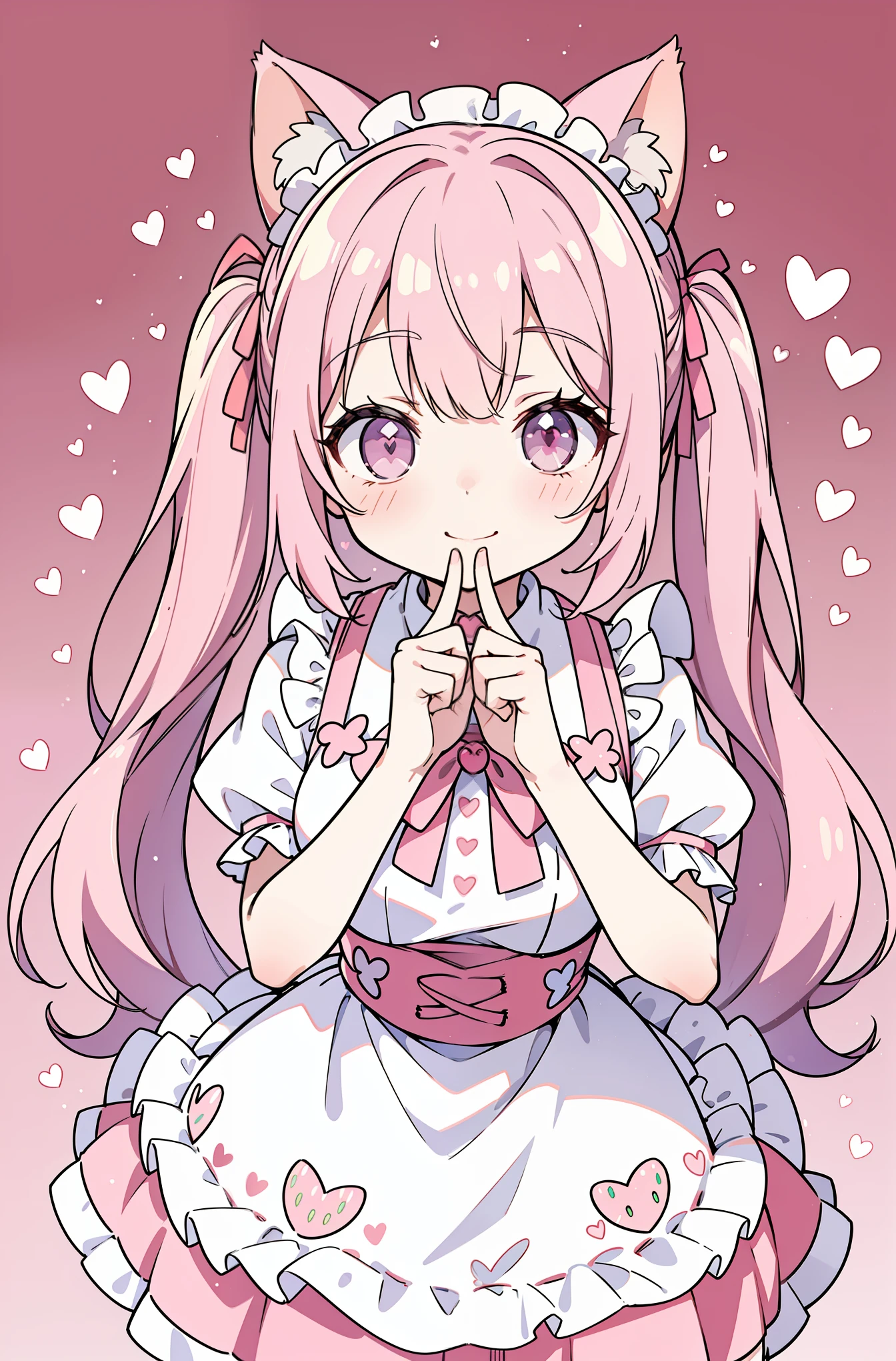 独奏, Long hair,Pink twin tails, Very long hair, Cat's ears,maid clothes, finger heart, A smile、drooping eyes、Pink tone、1girl in、(digital anime art:1.3)、Pink eyes、かわいいイチゴ🍓の帽子、Cute pink clothes、Background reminiscent of strawberry parfait、Making a heart with both hands