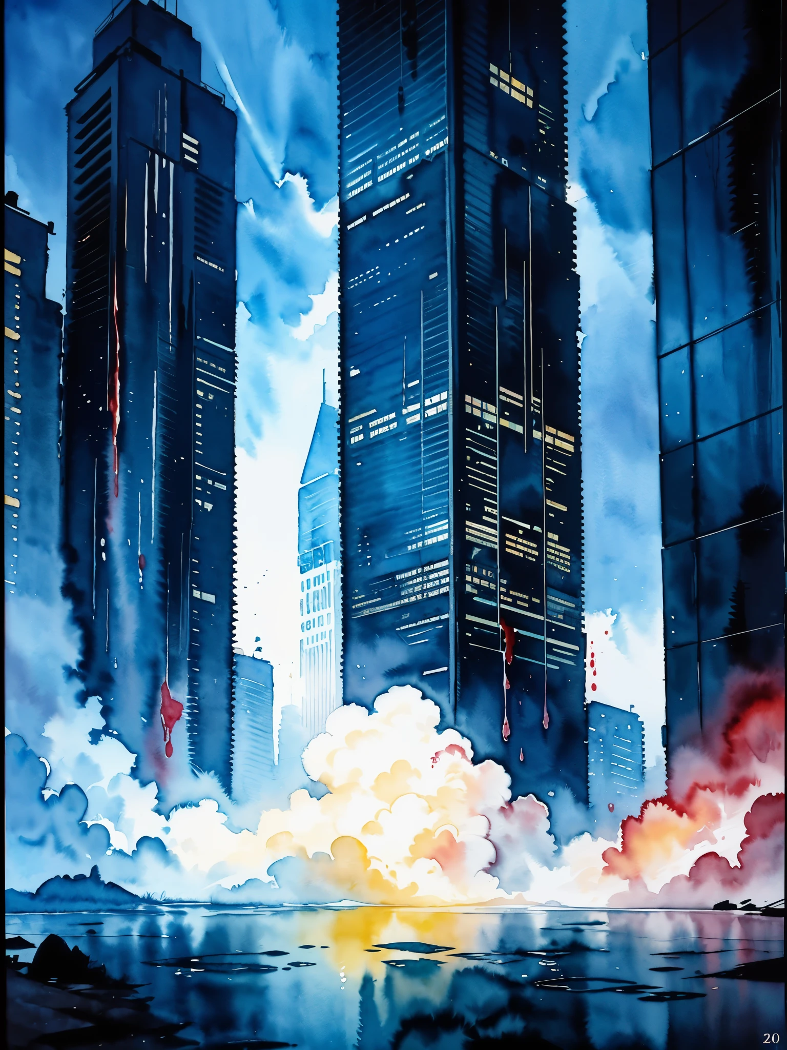 Night, City, skyscrapers, road, mountains, stars, studio ghibli, (watercolor, splash paint, dripping paint, color bleeding, on canvas, textured canvas: 1.5), Anime, high detail, anime, cinematic lighting, motion blur, chromatic aberration, glowing light, ray tracing, reflection light, bloom, drop shadow, UHD, masterpiece, retina, anatomically correct, super detail, high details, high quality, award winning, best quality, highres, 4K