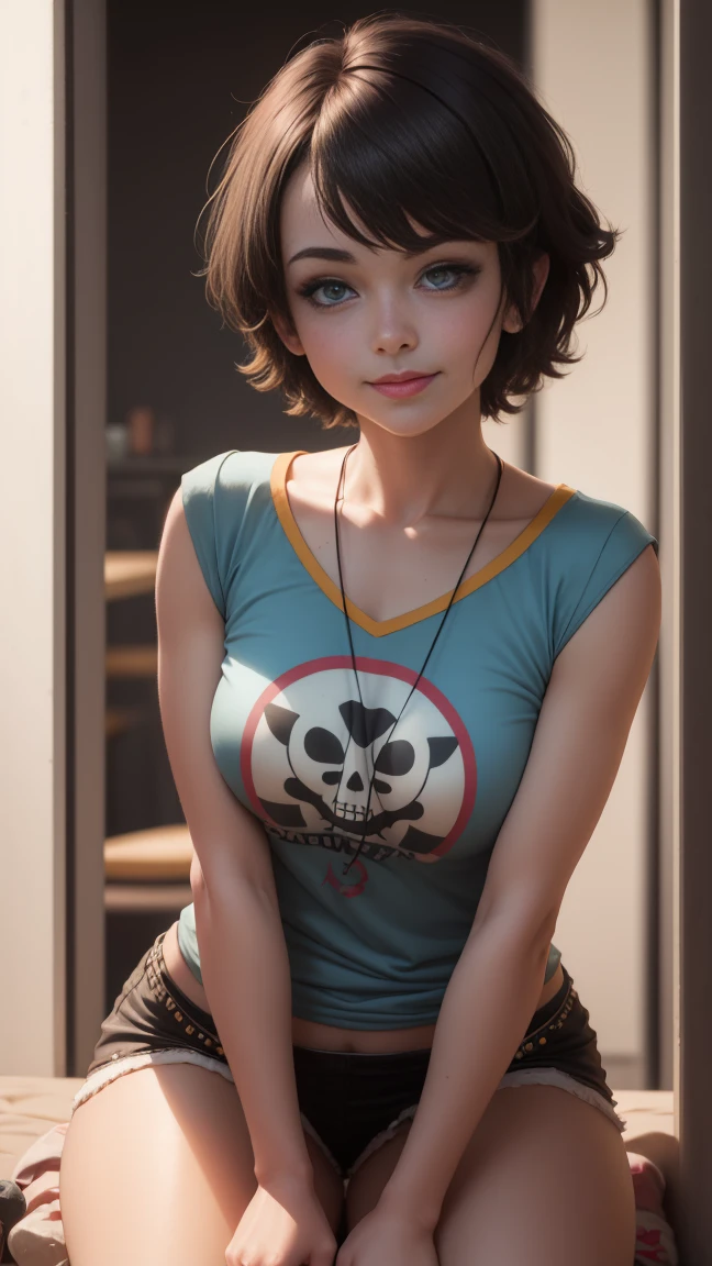 Gwen Tennyson,Trazador,Powergirl,Matoi Ryuuko,y'shtola rhul,cerrar,Taller Ryza,Overwatch,Piloto Mecha,vista al mar,Tatuajes, Purple T-shirt with skull image, falda color lila a cuadros ,pelo corto, aretes en forma de clip ,Maquillaje lindo , sombra de ojos color morado ,ojos azules,brown light hair, corte de cabello pixie,cafe dimensional,coy smile,Pecas en mejillas,beautiful girl,senos grandes,8k,Ultra detallado,realista,fantasy art,Orilla del puerto,Piercings en las orejas,tocando Guitarra electrica