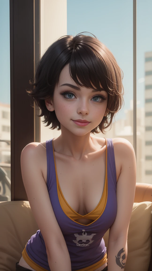 Trazador,Powergirl,Matoi Ryuuko,y'shtola rhul,cerrar,Taller Ryza,Overwatch,Piloto Mecha,vista al mar,Tatuajes, Purple T-shirt with skull image, falda color lila a cuadros ,pelo corto, aretes en forma de clip ,Maquillaje lindo , sombra de ojos color morado ,ojos azules,brown light hair, corte de cabello pixie,cafe dimensional,coy smile,Pecas en mejillas,beautiful ,senos grandes,8k,Ultra detallado,realista,fantasy art,Orilla del puerto,Piercings en las orejas,tocando Guitarra electrica