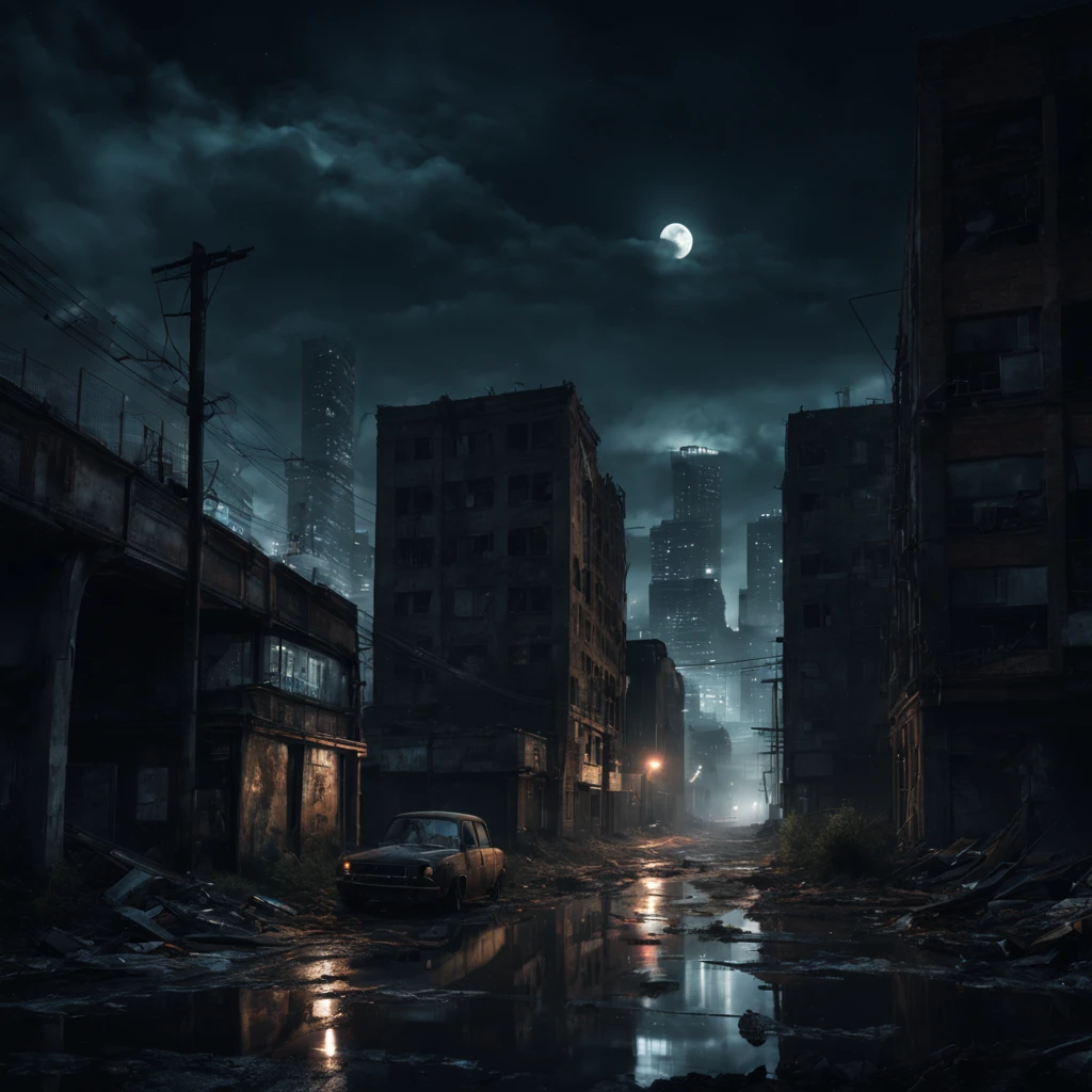 best quality,4k,8k,highres,masterpiece:1.2,ultra-detailed,realistic:1.37,abandoned city night scene,concrete jungle,desolate atmosphere,nighttime landscape,ruined buildings,derelict skyscrapers,crumbling infrastructure,dilapidated streets,faded graffiti,mysterious shadows,dim streetlights,ominous darkness,broken glass shards,overgrown vegetation,nostalgic vibes,distant car honks,dimly lit windows,lonely figures in tattered clothes,wanderers in the night,rusted metal structures,deserted vehicles,mysterious fog,blinking neon signs,eerie silence,haunting beauty,post-apocalyptic feel,moody color palette,dramatic contrast,intense shadows,distant city skyline,moonlit clouds,abandoned factories,surreal ambiance,dystopian setting,nighttime reflections, decay,star-filled sky.