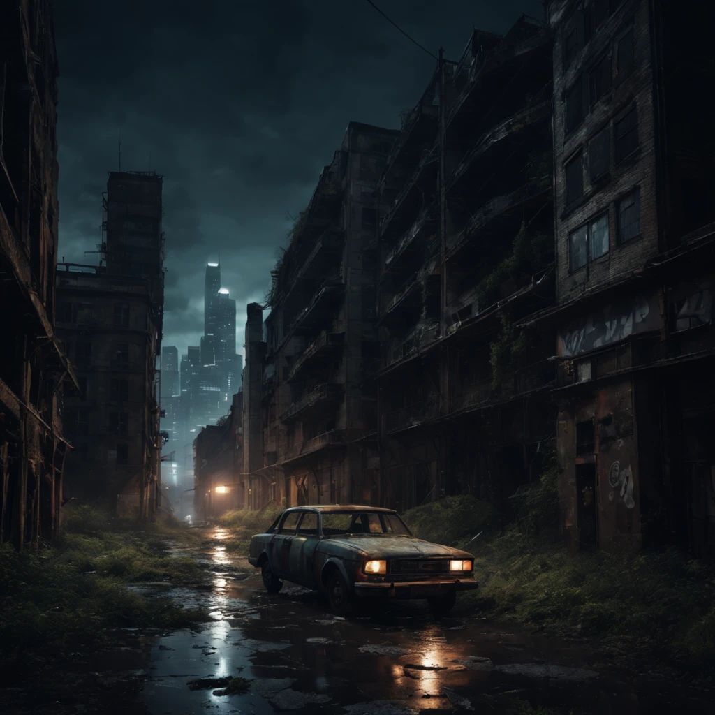 best quality,4k,8k,highres,masterpiece:1.2,ultra-detailed,realistic:1.37,abandoned city night scene,concrete jungle,desolate atmosphere,nighttime landscape,ruined buildings,derelict skyscrapers,crumbling infrastructure,dilapidated streets,faded graffiti,mysterious shadows,dim streetlights,ominous darkness,broken glass shards,overgrown vegetation,nostalgic vibes,distant car honks,dimly lit windows,lonely figures in tattered clothes,wanderers in the night,rusted metal structures,deserted vehicles,mysterious fog,blinking neon signs,eerie silence,haunting beauty,post-apocalyptic feel,moody color palette,dramatic contrast,intense shadows,distant city skyline,moonlit clouds,abandoned factories,surreal ambiance,dystopian setting,nighttime reflections, decay,star-filled sky.