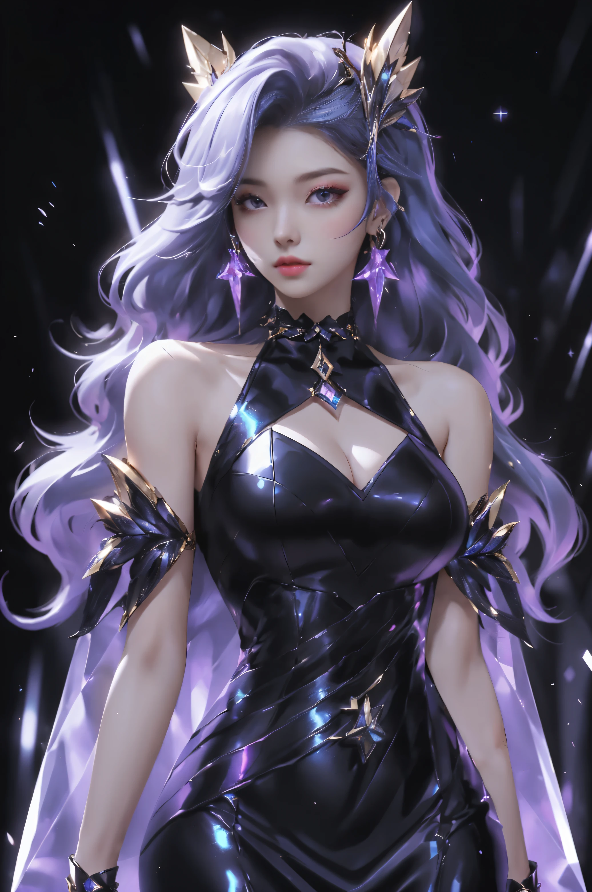 best quality, 1girl, kda, solo, long hair, black dress, looking at viewer, upper body