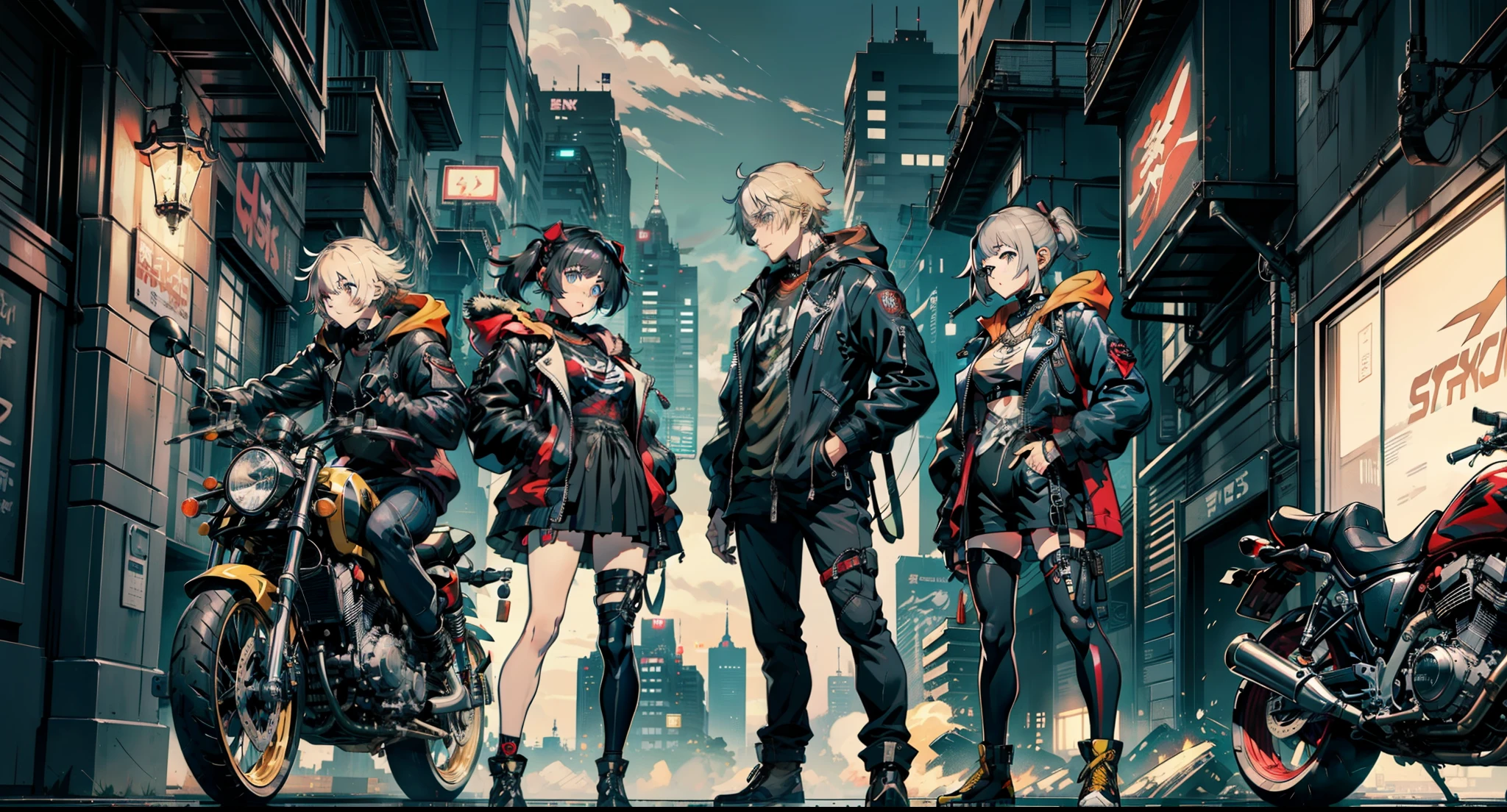 cyberpunked、girl with、mechanic、comical、Anime style、Gray and dark hair、motor bikes、Rider Jacket、punk coloring、sity、ナイトsity、group、street fighter、Gladiator