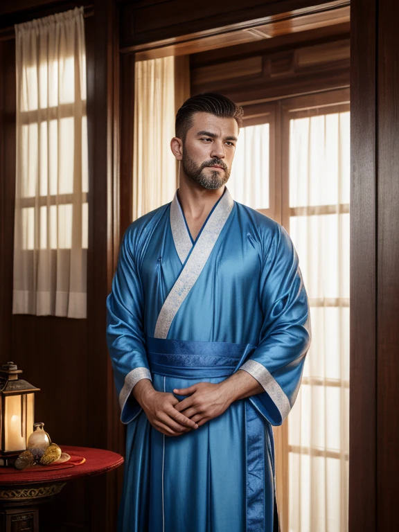 8K,8K Ultra HD resolution,Real portraits,realistic melancholy,surrounding,artistic conception,large scene,The wind blew up the white curtains,dada lantern,diffuse light,chest muscle,Naked, ancient wind, stubbles, temple, strong muscle, Handsome man,European man,aged 40,Big handsome guy,eBlue eyerightly,Raised sexy,Charming eyes,Hanfu,Wang Lan、Jing Qing Mo Qing、Plain cherry blue,jun,Dignified atmosphere,temperament,Men with short hair and short hair,The light is very gentle,The scene is vivid
