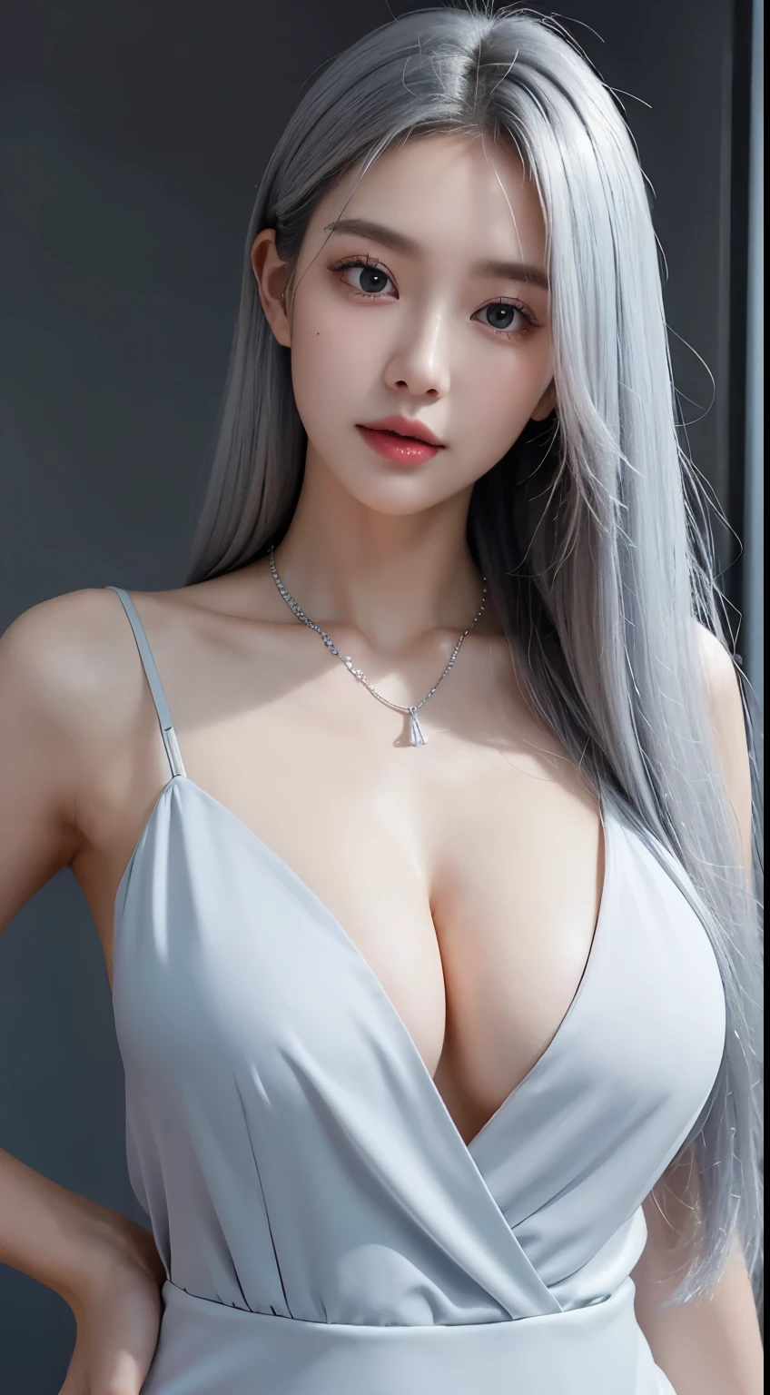 close up，1 girl，25 age old，Delicate face shape，is very beautiful， 独奏，[shiny hair，light grey hair： lightblue hair：0.2]，jewely，Silver necklace，Black suit， looking at viewert， ssmile，黑The eye，Perfect and beautiful face shape，Detailed and perfect body shape，Perfect Finger，What a skin，Radiant skin，long whitr hair， The shirt，station， streaked， inside in room， 耳Nipple Ring，hight contrast， natta， deep colour。