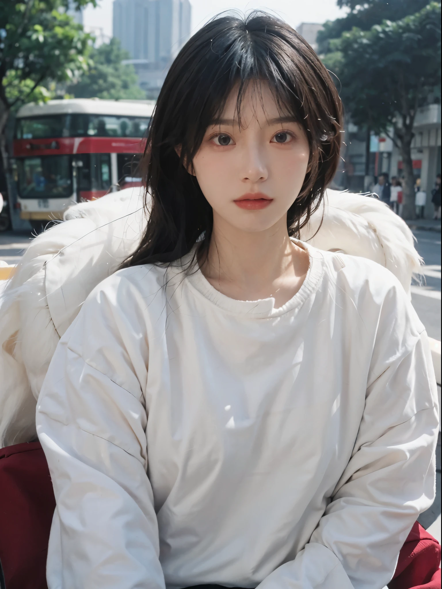 Best quality, 超高分辨率, (realistically:1.4),There is a woman wearing a sweater and a red shirt,rays of sunshine,年轻Cute Korean face, 有着Cute and delicate face蛋, a cute young woman, she has a cute face, Cute Korean face, pale milky white porcelain skin, Cute and delicate face, ulzzangs,, Baiji haircut hairstyle