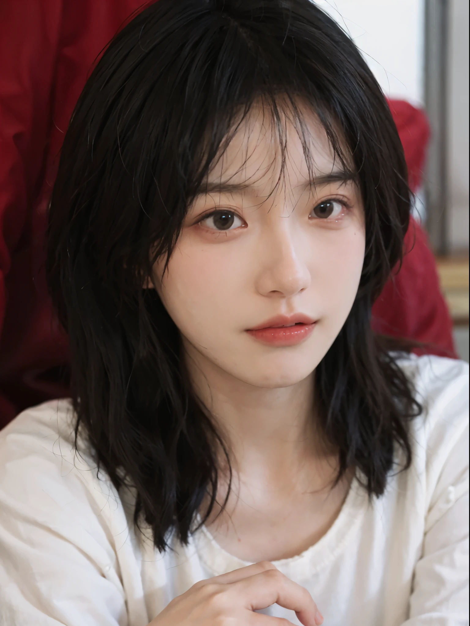 Best quality， 超高分辨率， （realistically：1.4），There is a woman wearing a sweater and a red shirt，rays of sunshine，年轻Cute Korean face, 有着Cute and delicate face蛋, a cute young woman, she has a cute face, Cute Korean face, pale milky white porcelain skin, Cute and delicate face, ulzzangs,, Baiji haircut hairstyle