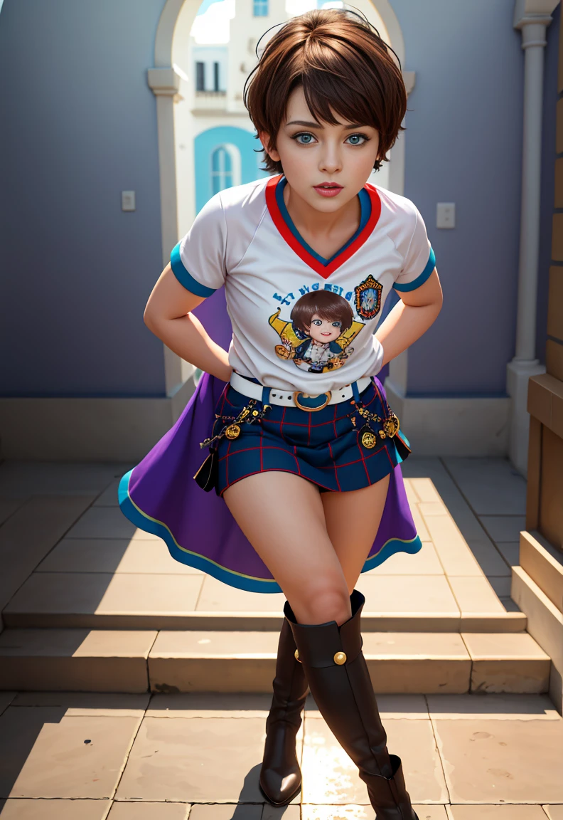 highres, shadows, absurdres, best_quality, ultra_detailed, 8K, extremely_clear, Cinematographer, hermoso, foco nítido, HDR,
A cute pop singer with short light brown hair , pixie cut and symmetrical blue eyes with freckles on cheeks and nose, sostiene una guitarra electrica y canta , wears purple t-shirt with skull image , white belt, with a lilac skirt long boots with heels , with a dynamic angle, capturada en una toma de vaquero altamente detallada, exudando una feliz, con tonos relajantes y una mezcla contrastante de luz y sombra, todo mientras enfatiza el cabello, los ojos, the mouth and action of the subject in a composition that is pleasing to the eye and stimulating , fondo variado