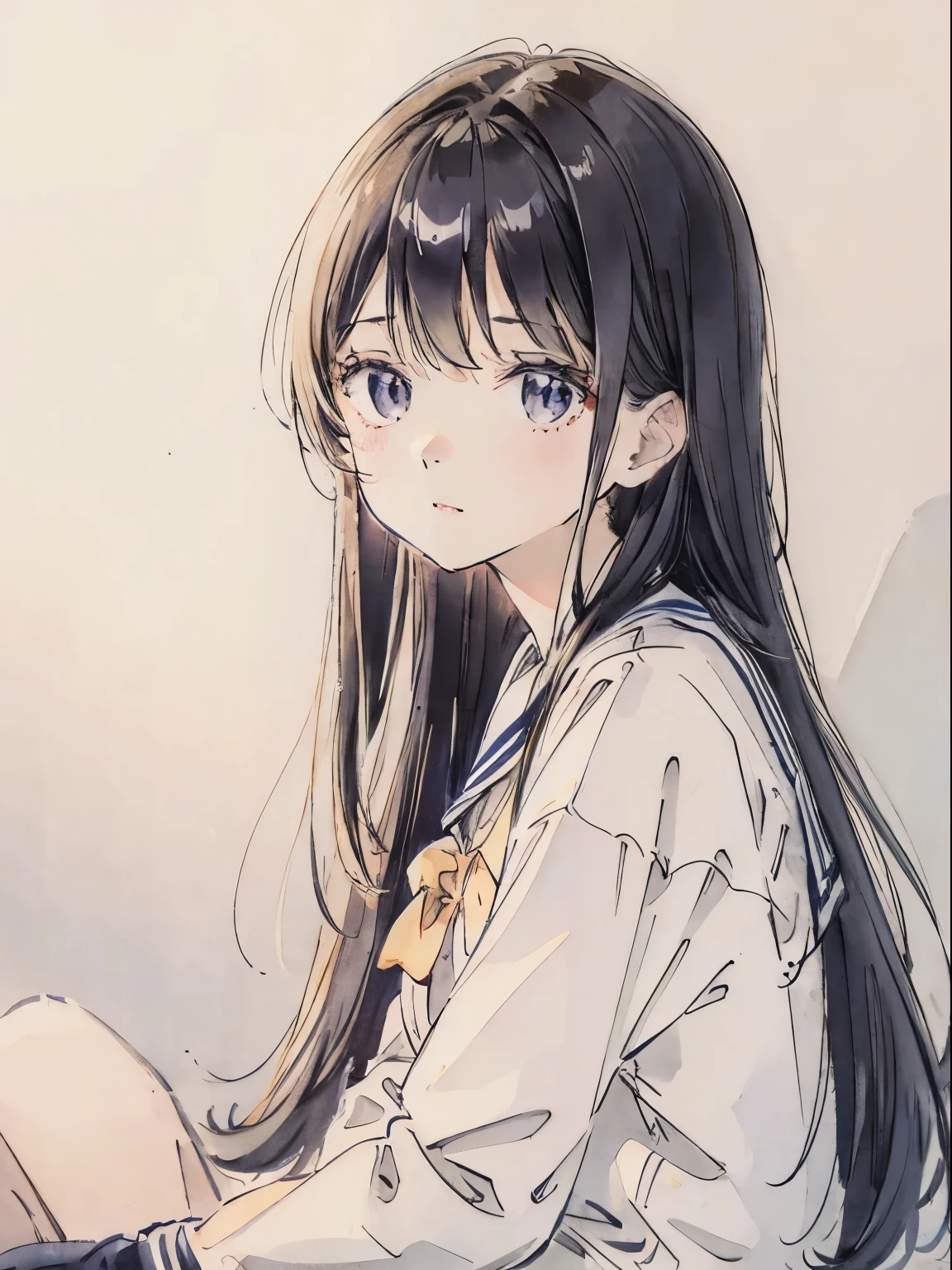 a sailor suit、Light color、Soft lighting、a pale、A dark-haired、up of face、Photo Studio