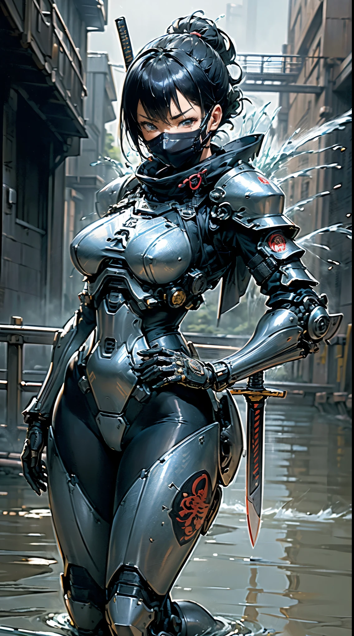 (masutepiece,Extremely detailed, Heavy mechs, hard surface),(concept art:1.1),(Armored Core Style:0.8), A woman wearing ninja robo armor is tying a seal,(full armor:1.4),(tactical ninja mask:1.5),(blue body:1.1),(long legged:1.1),(Equipped with a sword on his back:1.3),(A detailed eye:1.3),(A detailed face:1.3),(Detailed weapons:1.3),(Detailed body:1.3),((full bodyesbian:1.5)),(The background is a strong stream of water:1.5),逼真