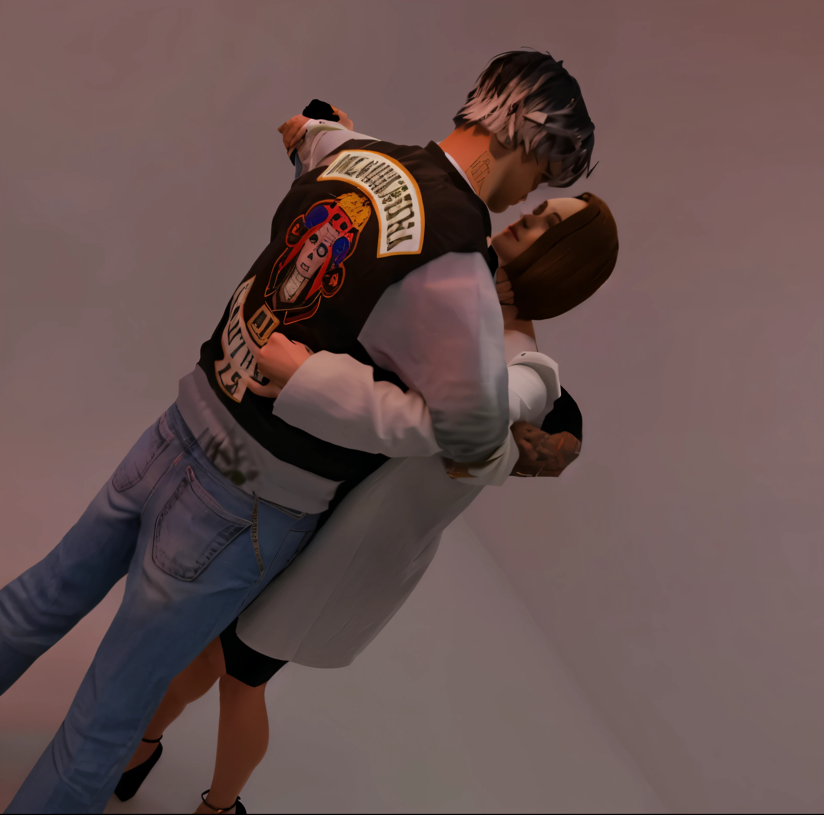 there is a man and woman that are hugging each other, hug, posing for a fight intricate, hugging, hugs, secondlife, second life avatar, hugging his knees, modeled in poser, hugging each other, couple pose, heavy vignette!, posing for a fight like a real person, make everything more real, cinematic, HD detailed, more realistic, 8k