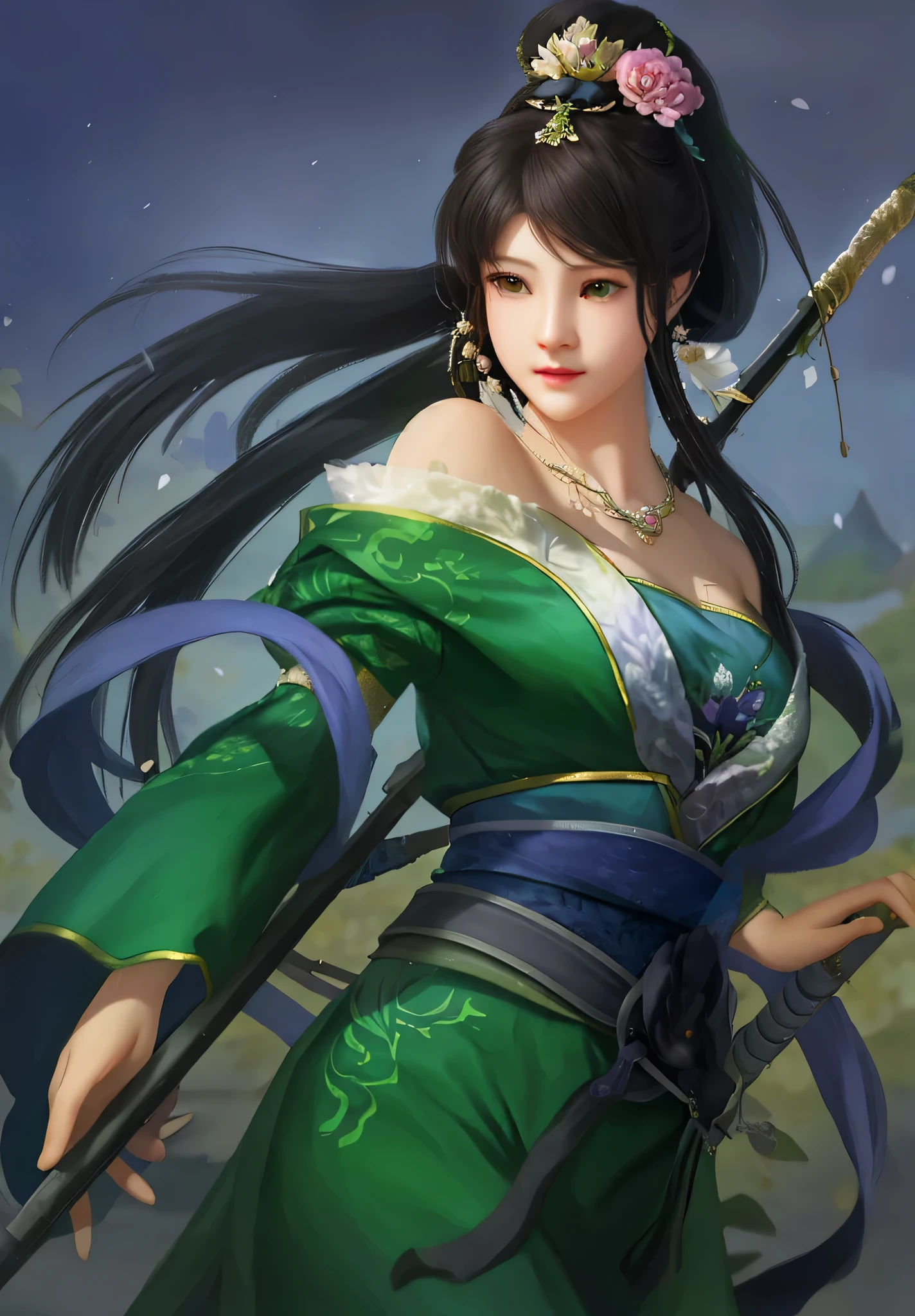 a woman in a green dress holding a sword and a flower, inspired by Li Mei-shu, inspired by Shen Zhou, inspired by Wu Li, inspired by Wu Zuoren, yun ling, inspired by Ju Lian, inspired by Li Tang, full body xianxia, inspired by Qiu Ying, inspired by Lan Ying, xianxia hero, Highly detailed CG unit 8k wallpaper, masterpiece, High resolution, highest quality, highest quality real texture skin, Super Real, Digital Painting, Best image quality, 最High resolution, 8k, ((Highly detailed eyes and face)), 1girl, Beautiful eyes every detail, Full Body Shot, Saggy breasts, Gravity-dependent breasts, long chest, Heavy chest, disproportionate breasts, huge breasts, sagging breasts, gigantic breasts, erect nipple, 