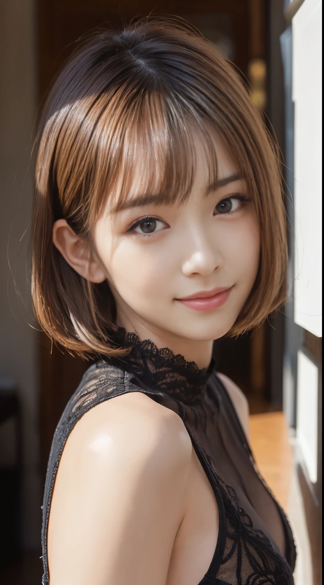 (Very cute 20 year old young woman from Japan), ((delicate hair between brown and blonde)), ((messy side wave short hair)),(((Slender and slender body type))),medium bust size、small tits、 (((Clean hands))),(Curly hair),(((Very sweet smile))), (((she wears black lace panties))),(((she is wearing a black knitted dress))) ((of the highest quality, 16 K, masutepiece: 1.3)), Light on Face, hyperdetailed face, very detailed lips, Detailed eyes,