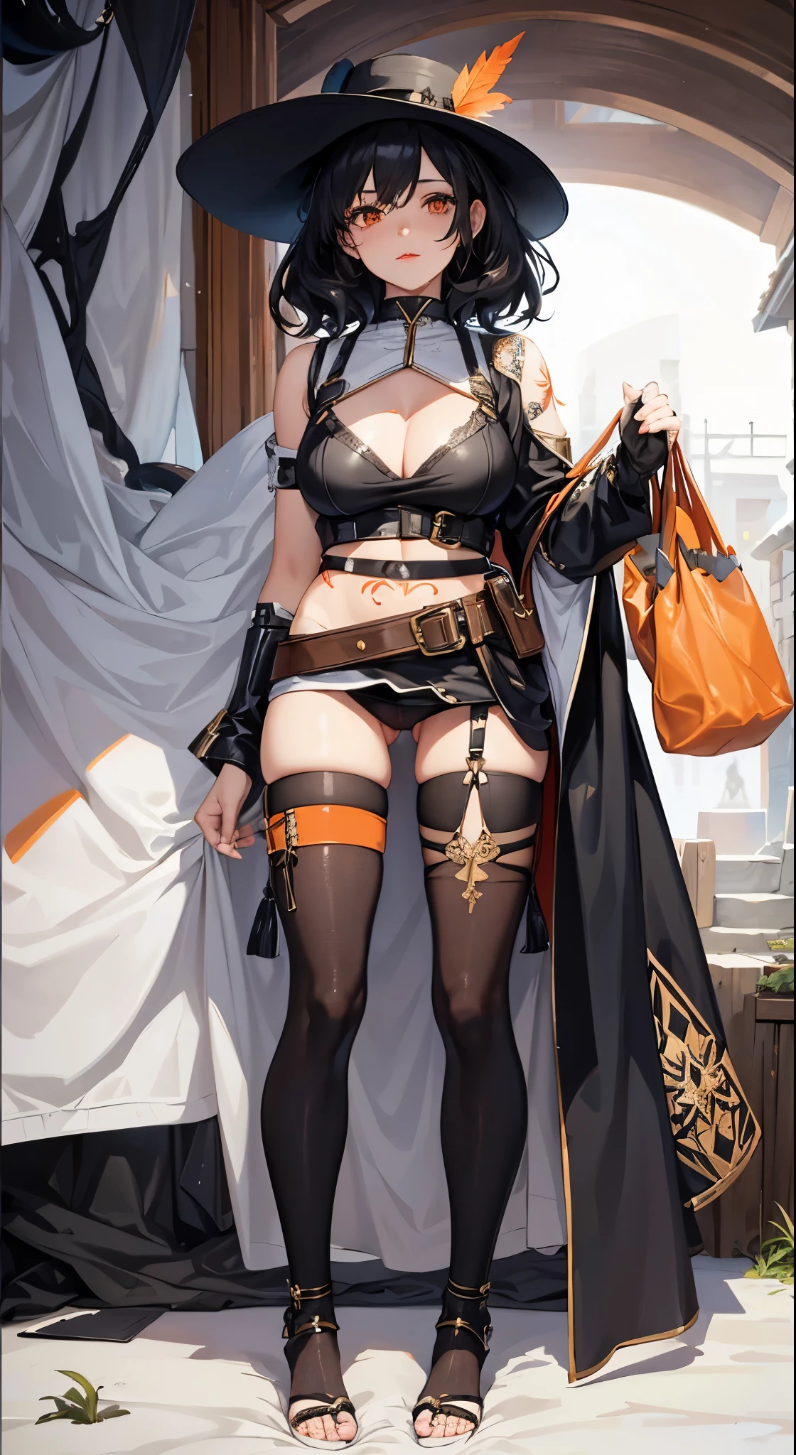 close up, The world of dreams, Imperial sister, short black curly hair,medieval messenger hat,Hat with feathers, Redlip, camisole leather top, short crop top, humanoid creature, medieval town, Her skin is very white, White complexion, Orange eyes, disheveled black hair, obi strip,bag over the waist, Barefoot,Two black stockings leg tattoo,
