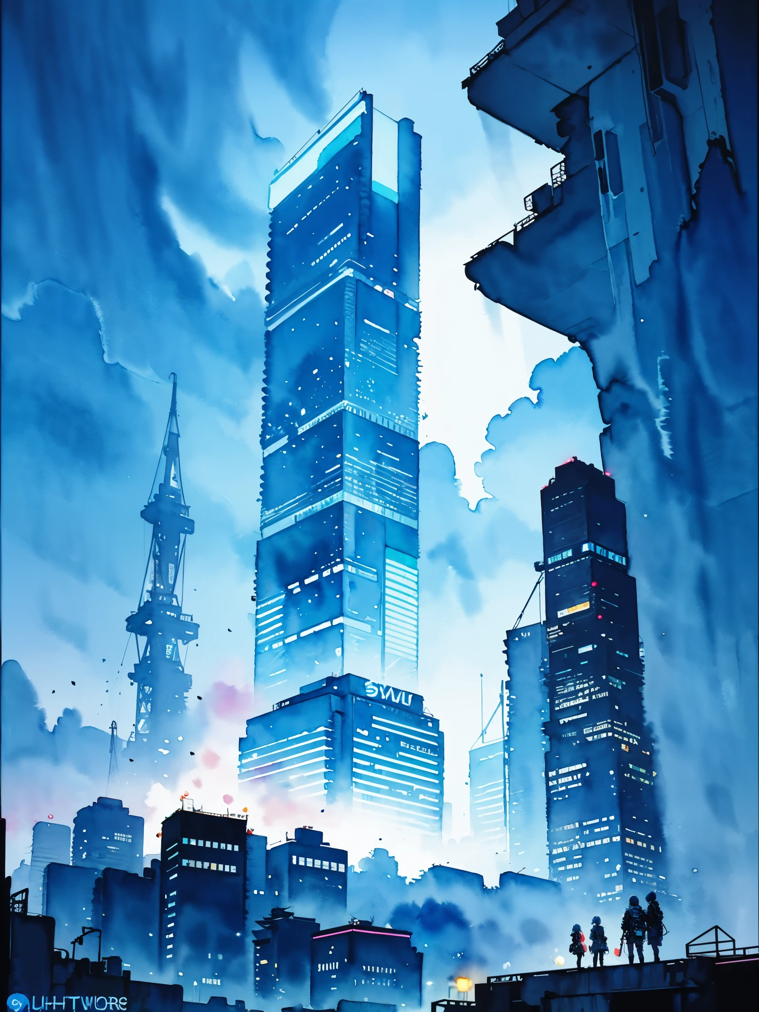 Night, City, skyscrapers, road, mountains, stars, studio ghibli, (watercolor, splash paint, dripping paint, color bleeding, on canvas, textured canvas: 1.5), Anime, high detail, anime, cinematic lighting, motion blur, chromatic aberration, glowing light, ray tracing, reflection light, bloom, drop shadow, UHD, masterpiece, retina, anatomically correct, super detail, high details, high quality, award winning, best quality, highres, 4K