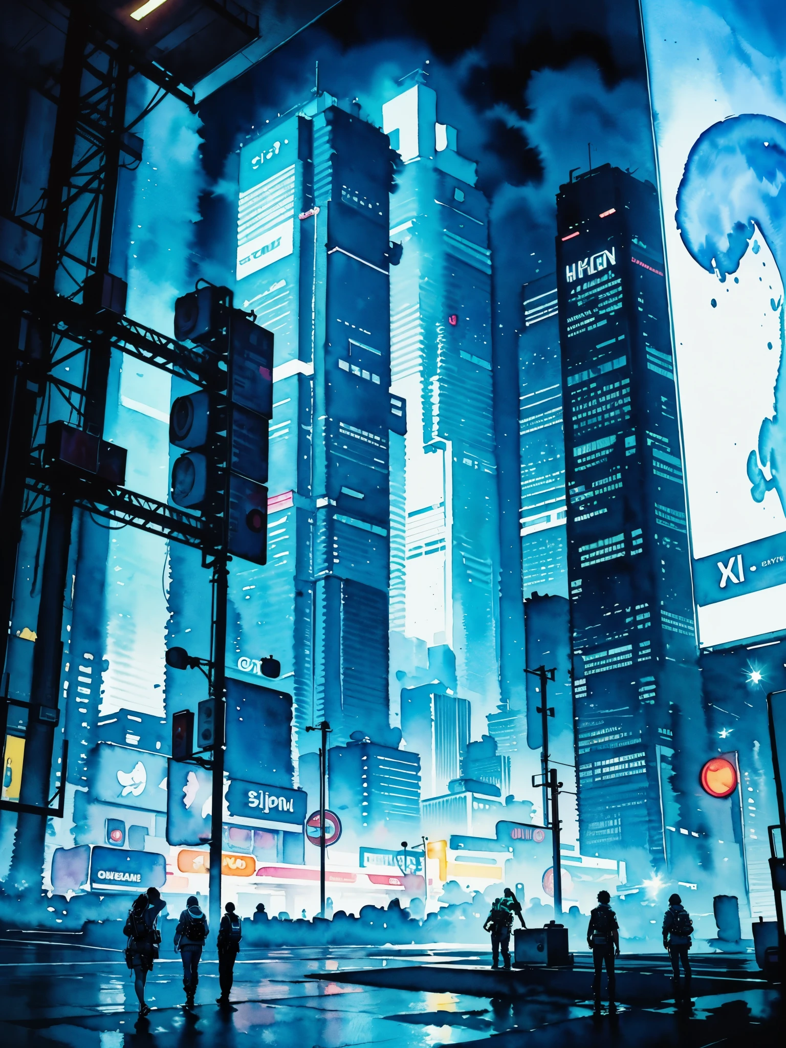 Night, City, skyscrapers, road, mountains, stars, studio ghibli, (watercolor, splash paint, dripping paint, color bleeding, on canvas, textured canvas: 1.5), Anime, high detail, anime, cinematic lighting, motion blur, chromatic aberration, glowing light, ray tracing, reflection light, bloom, drop shadow, UHD, masterpiece, retina, anatomically correct, super detail, high details, high quality, award winning, best quality, highres, 4K