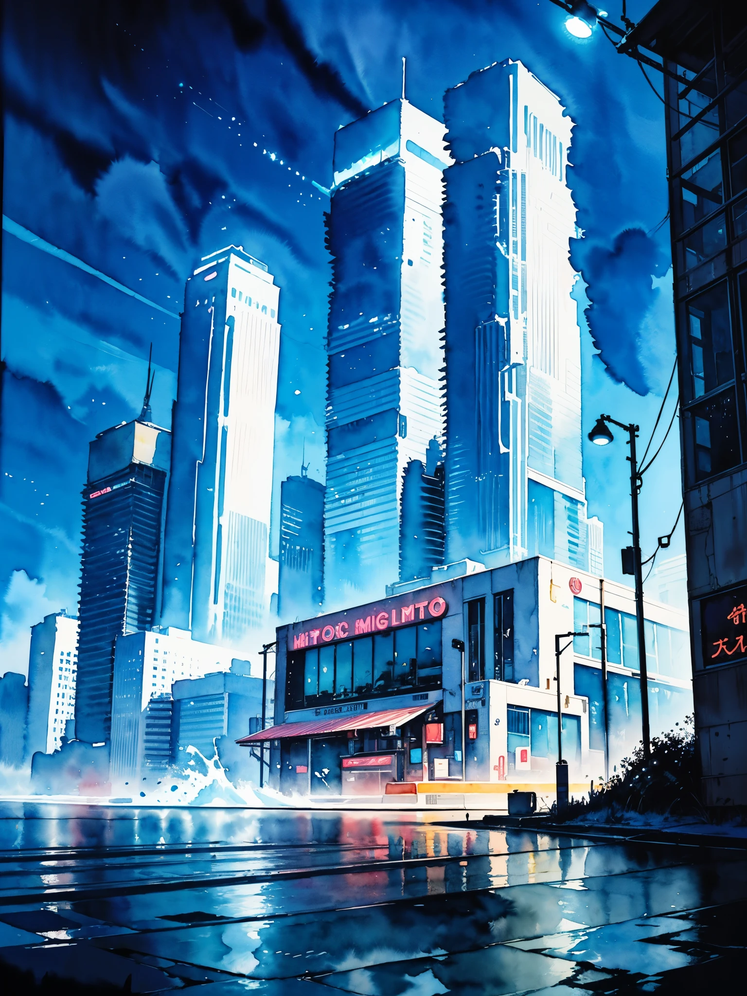 Night, City, skyscrapers, road, mountains, stars, studio ghibli, (watercolor, splash paint, dripping paint, color bleeding, on canvas, textured canvas: 1.5), Anime, high detail, anime, cinematic lighting, motion blur, chromatic aberration, glowing light, ray tracing, reflection light, bloom, drop shadow, UHD, masterpiece, retina, anatomically correct, super detail, high details, high quality, award winning, best quality, highres, 4K