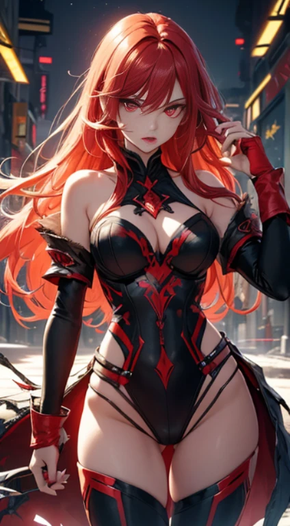 (Best Quality,4K,High resolution), Woman with straight long hair and red lipstick, ekaterina,  woman,bright red hair, cold eyes ,sharp eye，distressed look，Enhanced the expression of glowing red eyes，，Changing the Appearance of a Transform，beast，beast化，Evil Fight，buttle，Delicate illustrations drawn in detail，Torn clothes with decoration，Disheveled clothes，Realistic portrayal，Vivid color reproduction，Classic background