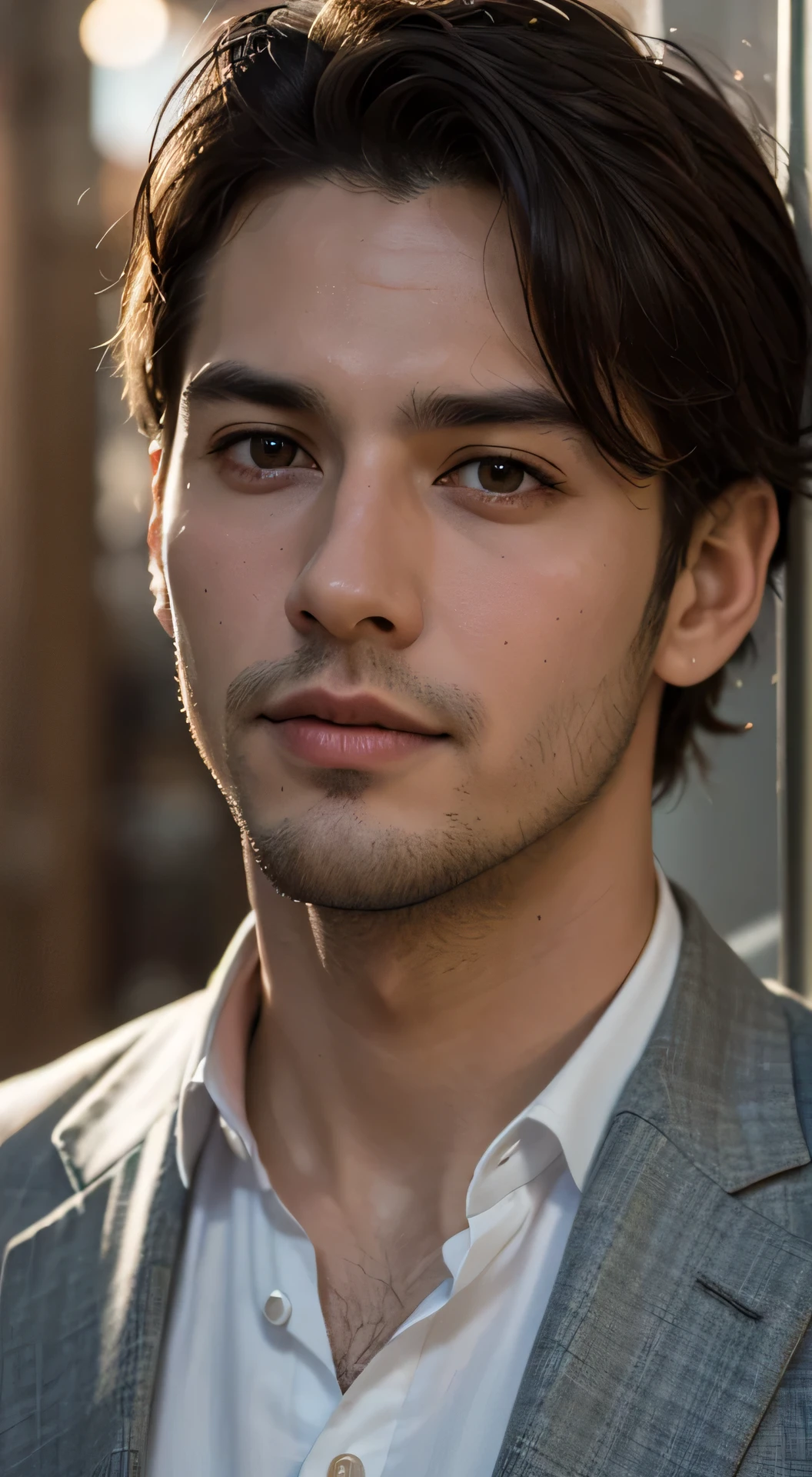 Portrait movie look of a 30 year old round-faced handsome man, Above the chest