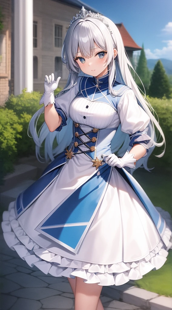 Meisterwerk, best quality, hight resolution, mer1, Tiara, Matrosen-Senshi-Uniform, blauer Rock, blauer Matrosenkragen, Tiara, Bogen, kniehohe Stiefel, Halskette, white gloves, blue Halskette, elBogen gloves, Schmuck, Ohrringe, Faltenrock, Cowboy erschossen, al fresco