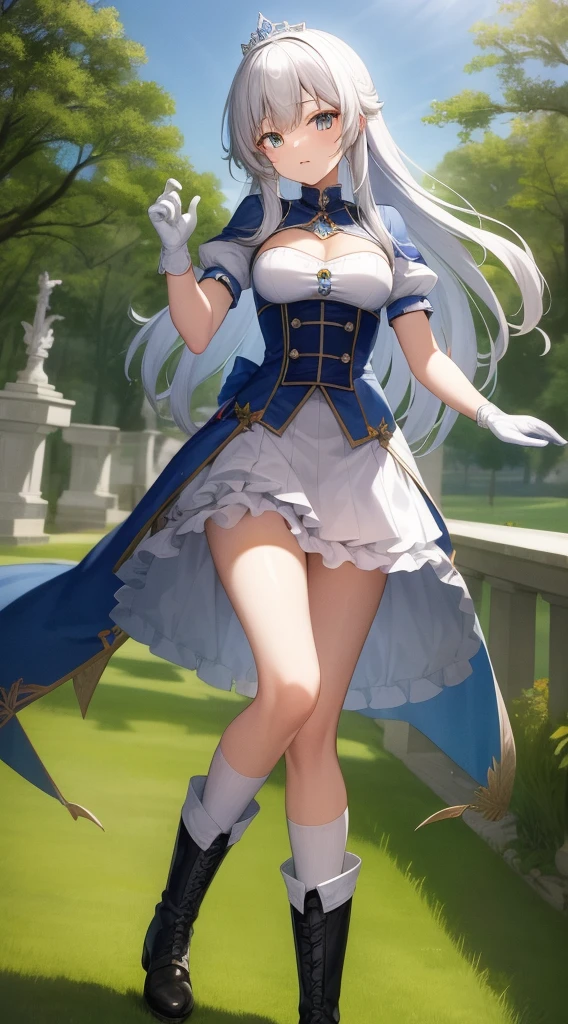 Meisterwerk, best quality, hight resolution, mer1, Tiara, Matrosen-Senshi-Uniform, blauer Rock, blauer Matrosenkragen, Tiara, Bogen, kniehohe Stiefel, Halskette, white gloves, blue Halskette, elBogen gloves, Schmuck, Ohrringe, Faltenrock, Cowboy erschossen, al fresco