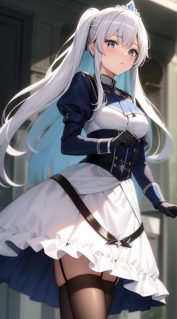 Meisterwerk, best quality, hight resolution, mer1, Tiara, Matrosen-Senshi-Uniform, blauer Rock, blauer Matrosenkragen, Tiara, Bogen, kniehohe Stiefel, Halskette, white gloves, blue Halskette, elBogen gloves, Schmuck, Ohrringe, Faltenrock, Cowboy erschossen, al fresco