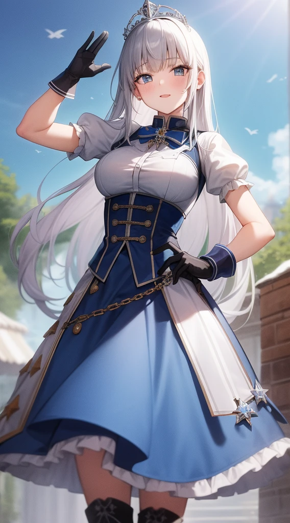 Meisterwerk, best quality, hight resolution, mer1, Tiara, Matrosen-Senshi-Uniform, blauer Rock, blauer Matrosenkragen, Tiara, Bogen, kniehohe Stiefel, Halskette, white gloves, blue Halskette, elBogen gloves, Schmuck, Ohrringe, Faltenrock, Cowboy erschossen, al fresco
