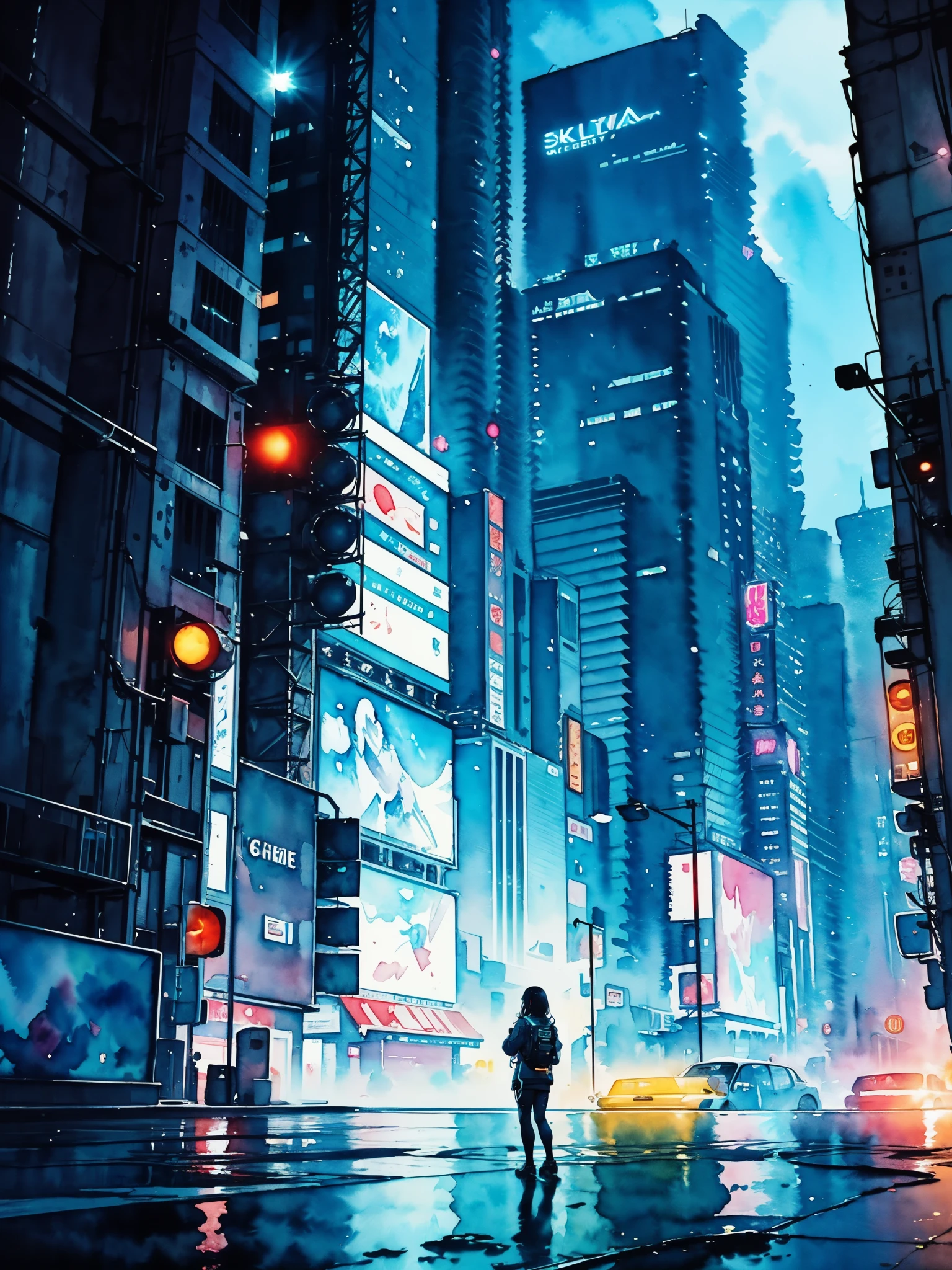 Night, City, skyscrapers, road, mountains, stars, studio ghibli, (watercolor, splash paint, dripping paint, color bleeding, on canvas, textured canvas: 1.5), Anime, high detail, anime, cinematic lighting, motion blur, chromatic aberration, glowing light, ray tracing, reflection light, bloom, drop shadow, UHD, masterpiece, retina, anatomically correct, super detail, high details, high quality, award winning, best quality, highres, 4K