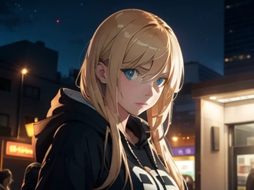 (Best Quality,hight resolution,Realistic:1.37),woman overlooking the city,Blonde Woman,donut shaped hair,loose hair strands,embrace one&#39;s hoodie,deep in the night,nightcity,Fantasy,Ethereal