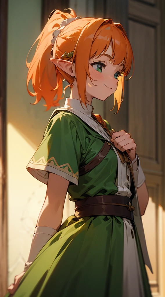 ,HDR, Masterpiece, Vintage, RTX, (Masterpiece, Best quality: 1.2),(masterpiece: 1.2, best quality), (1 lady, solo, upper body: 1.2),,tall girl, orange hair tied in a ponytail,((Front view)) smiling appearance,a woman in a christmas elf costume posing for a photo, elf girl,a woman in a green and red Christmas  Ad modeling, Profile photo, Solo, (masterpiece,best quality,ultra-detailed),costume posing for a photo, beauty, high quality costume, elves, costume, little Eleven girl, full body green dress, little Eleven tomboy, female, green dress with a black hood