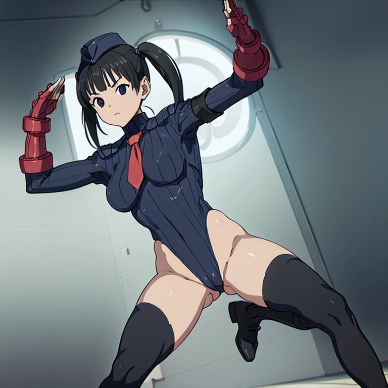 ultra-detailed, Explicit, Beautiful body, Beautiful Nose, Beautiful character design, perfect eyes, perfect face, ultra highres, 4K, beautiful legs, perfect legs, Nice hands, Perfect hand, Masterpiece, Best Quality, Highly detailed, illustration, absurdres, street fighter, doll suit, shadaloo doll, dollsuit, expressionless, blank eyes, looking at viewer, red gloves, emotionless, black latex, corrution, mind control, female combatant, full body, hypnotized, unhappy trance, full body suit, ribbed bodysuit, both arms at side, obey, perfect female body, extremely glossy latex, hypnosis, hypnoLora, empty eyes, Mind control device, poses, submissive_pose, Slave, hat, necktie, stand up straight, standing, standing at attention, hat, necktie, belt, latex, ribbed bodysuit, thighhighs, garter belt, Fighting Stance, extending the right arm from the shoulder into the air with a straightened hand, nazi saluting, military, military saluting, salute, thigh boots, 1girl, Akebi-chan no Sailor Fuku, black hair, black eyes, twin tails, Ayumi Togeguchi