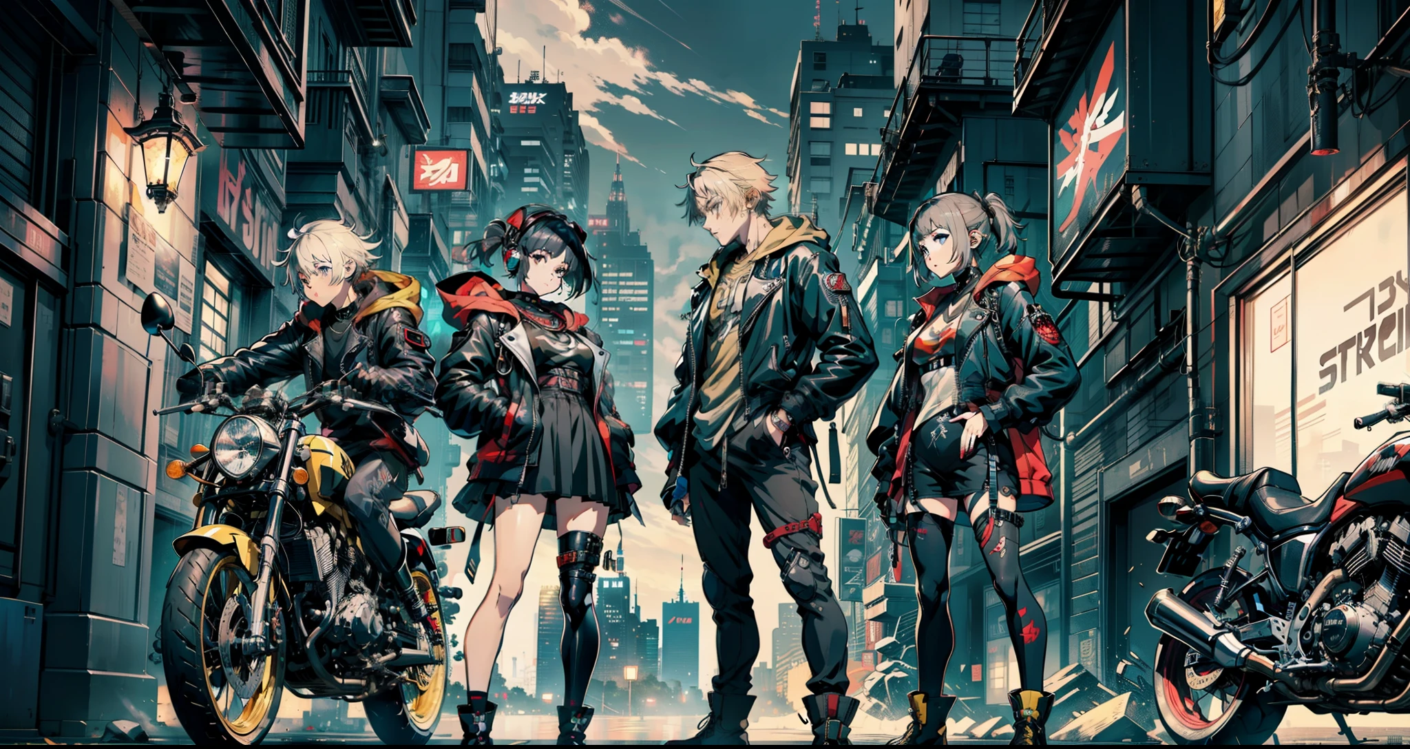 cyberpunked、girl with、mechanic、comical、Anime style、Gray and dark hair、motor bikes、Rider Jacket、punk coloring、sity、ナイトsity、group、street fighter、Gladiator